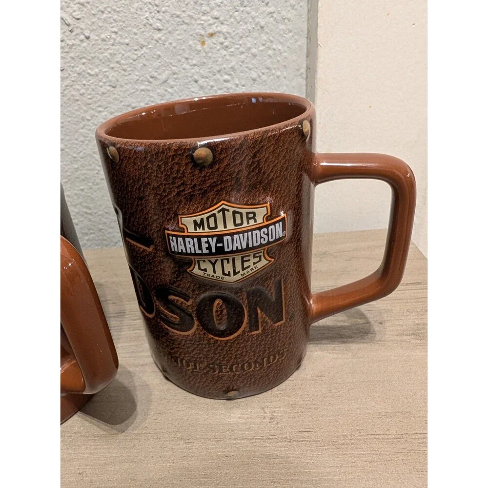 Harley Davidson Mug Lot of 3 2003 Brown 3D Embossed Faux Leather Motorcycle Vtg